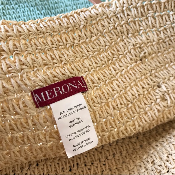 Merona Woven Paper & Leather Handle Tan & Light Blue Tote - Picture 6 of 9